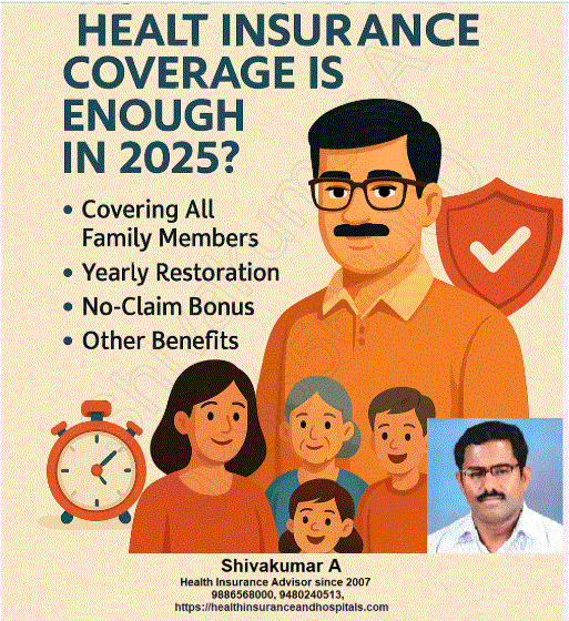 How Much Health Insurance Coverage is Enough in 2025, Health Insurance 2025, Family Coverage, Yearly Restoration, No-Claim Bonus, Cashless Treatment, Medical Expenses, Secure Your Health, Hospital Bills, Insurance Advisor, Shivakumar A, Contact 9886568000, Comprehensive Plan, Smart Coverage, LIC Insurance Preventive Healthcare, Critical Illness Cover, Affordable Premiums, Policy Benefits, Financial Security, Insure Before Emergency,