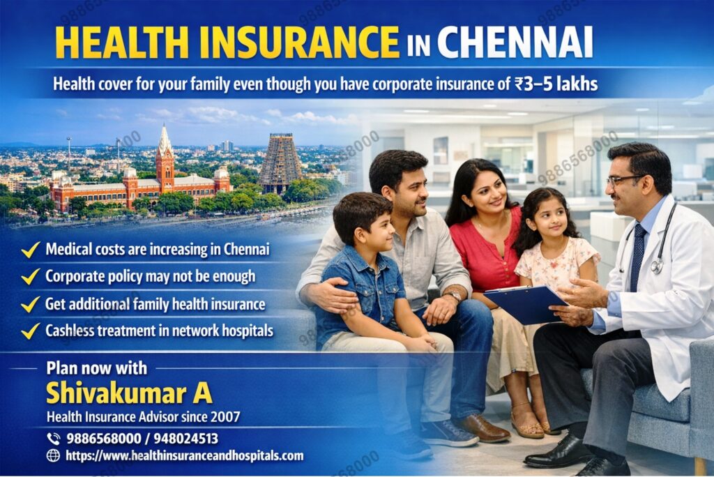 Health Insurance in chennai, cashless treatment, Health Insurance Chennai, Best Health Insurance in Chennai, Family Health Insurance Chennai, Cashless Health Insurance Chennai, Additional Health Insurance after Corporate Policy,