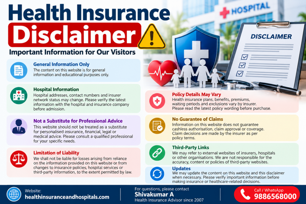 Disclaimer – Health Insurance and Hospitals in India, disclaimer, health insurance